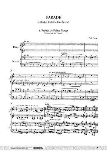 Satie - Parade (Ballet Rèaliste sur un Theme de Jean Cocteau) - Complete Ballet For Piano 4 hands (Composer) - Score