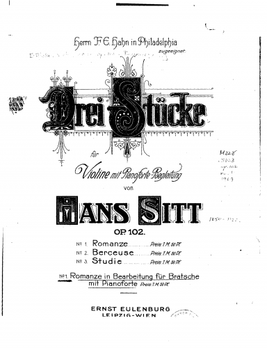 Sitt - 3 Stücke - Romanze (No. 1) For Viola and Piano - Score