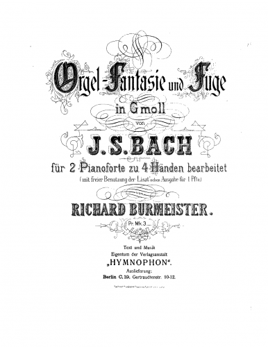 Bach - Prelude (Fantasia) and Fugue in G minor, BWV 542 ("Great") - For 2 Pianos (Burmeister) - Score