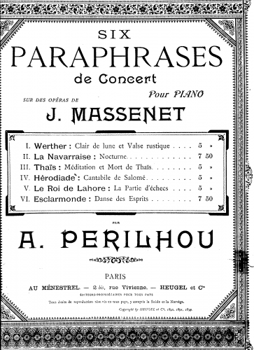 Périlhou - Six paraphrases de concert sur des opéras de J. Massenet - Score
