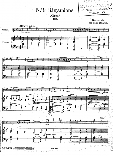 Desmarets - Circé, Tragédie en un prologue et 5 actes - Rigaudon (No. 9) For Violin and Piano (Melartin) - complete score