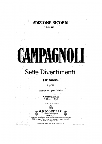 Campagnoli - 7 Divertimenti - For Viola solo (Consolini) - Score
