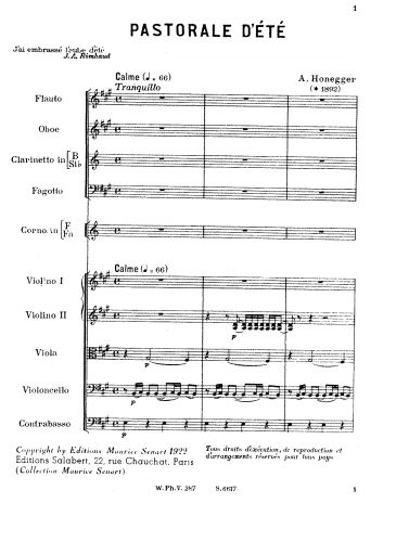 Honegger - Pastorale d'Été - Poème symphonique - Score