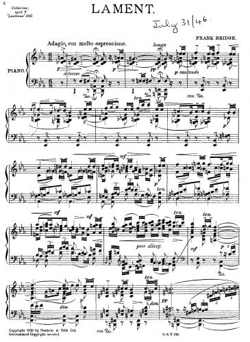 Bridge - Lament - Transcriptions For Piano solo (Composer) - Score