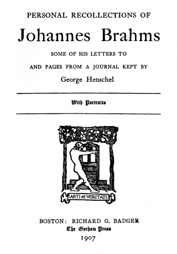 Henschel - Personal Recollections of Johannes Brahms - Books - Complete Book