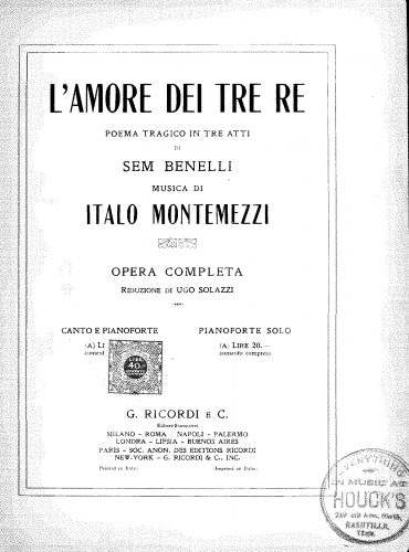 Montemezzi - L'amore dei tre re - Vocal Score - Score