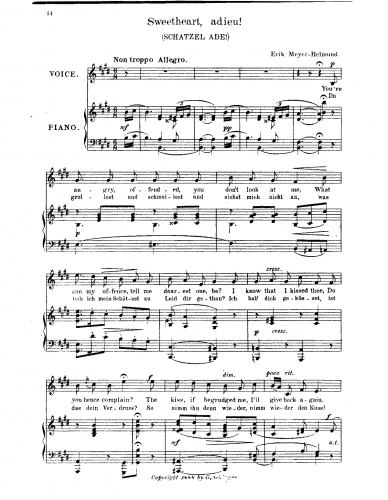 Meyer-Helmund - Drei Lieder - 3. Schätzel Ade! (E major)