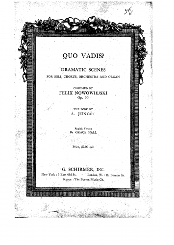 Nowowiejski - Quo vadis - Vocal Score - Score