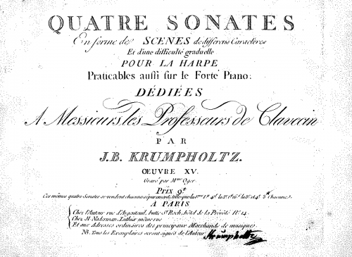 Krumpholz - Quatre sonates en forme de scènes de différens caractères et d'une difficulté graduelle pour la Harpe praticable aussi sur le Forte Piano, avec accompagnement d'un Violon ad libitum - Harp Part