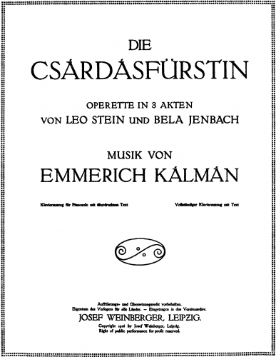 Kálmán - Die CsárdásfürstinA Csárdáskirályn?  ; The Gipsy Princess - Vocal Score - Score