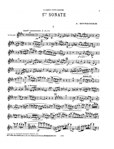 Honegger - Premiere Sonate pour Violon et Piano - Score