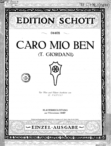 Giordani - Caro Mio Ben - For Flute and Piano (Papini) - Piano Score and Flute Part