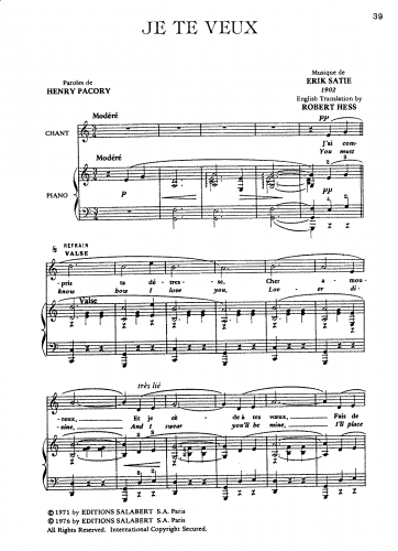 Satie - Je te veux - Voice and Piano - Score