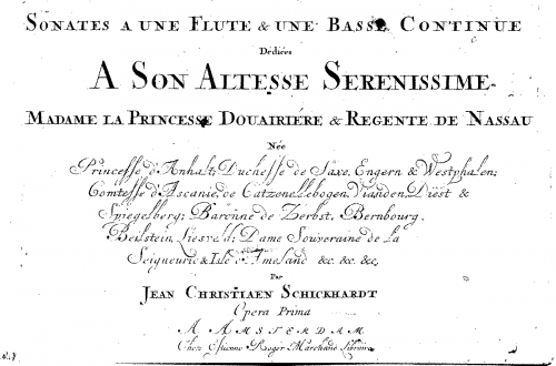 Schickhardt - 7 Sonatas for Flute and Basso Continuo, Op. 1 - Score