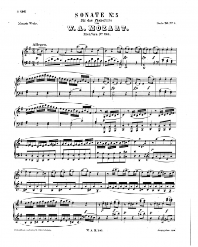 Mozart - Piano Sonata No. 5 - Piano Score - Score