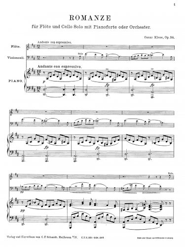 Klose - Romanze - Piano score, violin part, and flute part