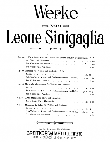 Sinigaglia - Romanze - For Violin and Piano - Score