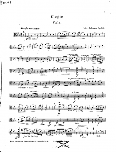 Lehmann - Elegie - For Viola and Piano - Viola part