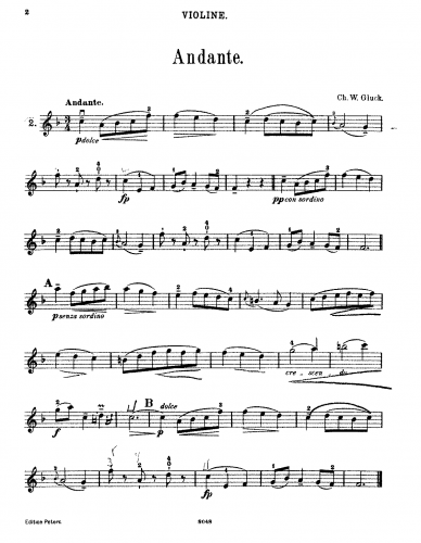 Gluck - Orfeo ed Euridice - Dance of the Blessed Spirits (Act II) For Violin and Piano (Hermann) - Piano Score and Violin part