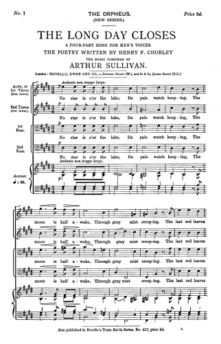 Sullivan - The Long Day Closes. A Four-Part Song for Men's Voices. - Score