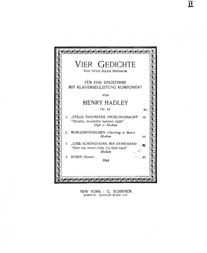 Hadley - 4 Gedichte von O.J. Birbaum, Op. 42 - Score