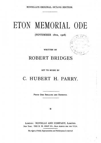 Parry - Eton Memorial Ode - Vocal Score - Score