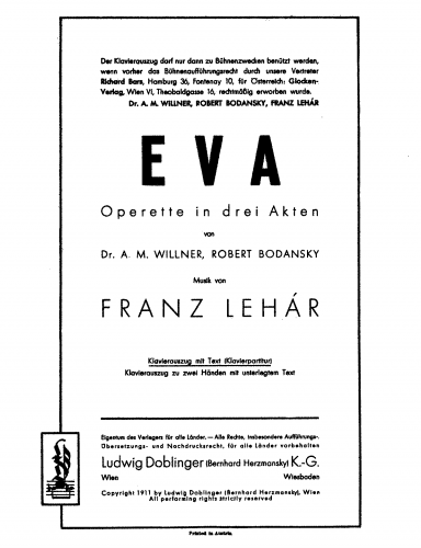 Lehár - Eva - Vocal Score - Score