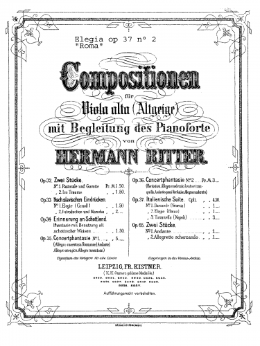 Ritter - Italienische Suite für Viola alta mit Begleitung des Pianoforte, Op. 37 - 2. Elegie (Roma) - Complete score and Viola part