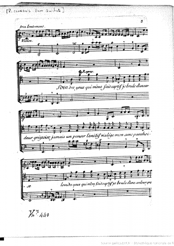Courbois - Dom Quichote, cantate françoise à voix avec grande simphonie.... Les paroles sont de M. Fuzelier. Gravé par L. Hüe - Score
