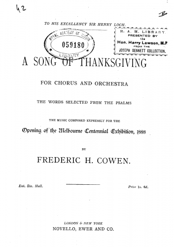 Cowen - A Song of Thanksgiving - Vocal Score - Score
