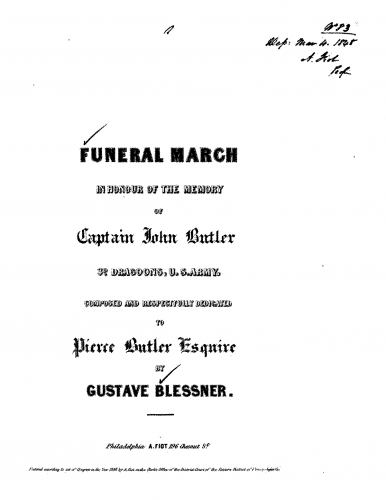 Blessner - Funeral March in Memory of Captain John Butler - Piano Score - Score
