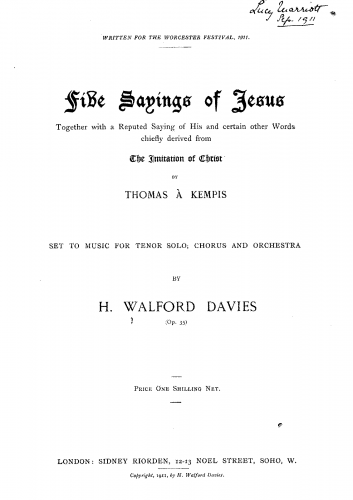 Davies - Five Sayings of Jesus, Op. 35 - Score
