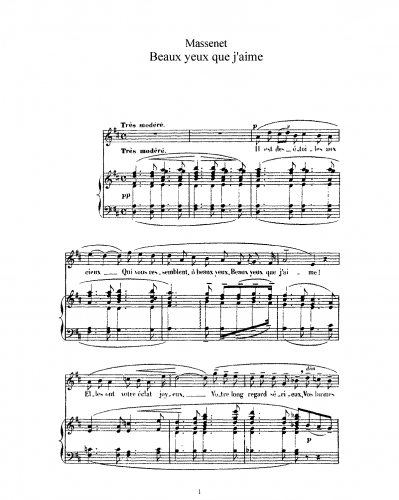 Massenet - Beaux yeux que j'aime - Voice and Piano - Score