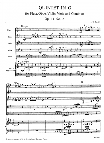 Bach - 6 Quintets for Flute, Oboe and Strings, Op. 11 (W.B. 70-75) - Scores and Parts Quintet No. 1 in G major - I. Allegro