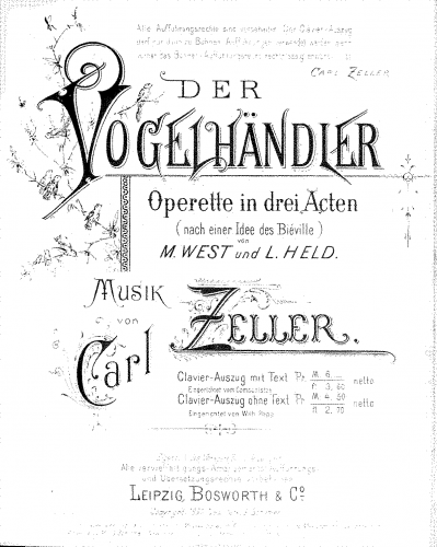Zeller - Der Vogelhändler - Vocal Score - Score