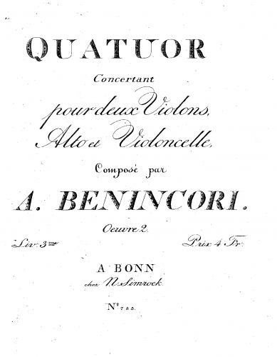 Benincori - 3 Concertant String Quartets, Op. 2 - Quartet No. 3 in D major