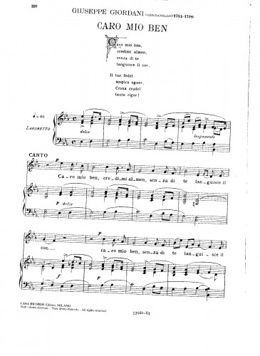 Giordani - Caro Mio Ben - For Voice and Piano (Parisotti) - Score