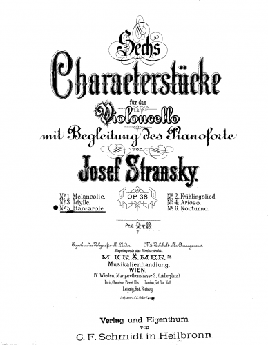 Stransky - 6 Charakterstücke - Scores and Parts No. 5: Barcarole - Piano Score and Cello Part