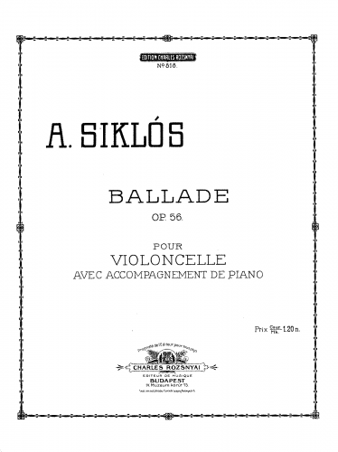 Siklós - Ballade for Cello - Scores and Parts - Piano score and cello part
