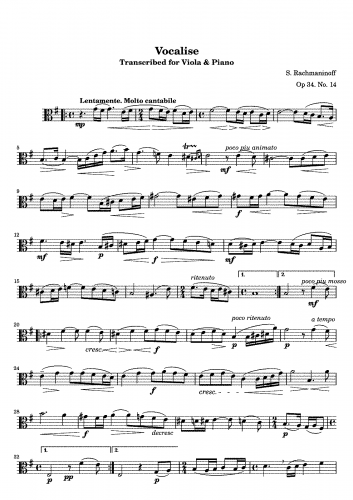 Rachmaninoff - 14 Romances - Vocalise (No. 14) For Viola solo - Viola solo