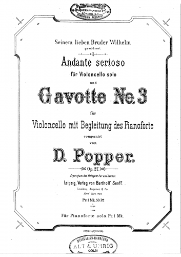 Popper - Praludium and Gavotte No. 3 Op. 27 - Cello and Piano score, solo part