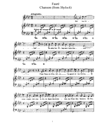 Fauré - Shylock, Op. 57 - Vocal Score - Chanson (A♭) & Madrigal (E