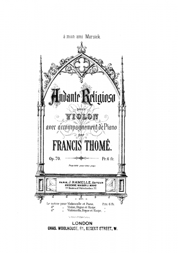 Thomé - Andante Religioso for Violin and Piano - For Cello and Piano - Piano Score and Cello Part (Transcription)