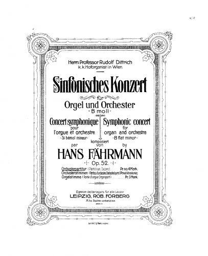 Fährmann - Concerto Symphonique for Organ and Orchestra - Score
