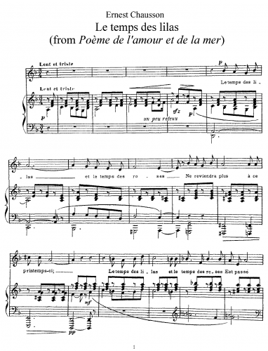 Chausson - Poème de l'amour et de la mer - Vocal Score Le temps des lilas - Score