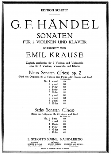 Handel - Trio Sonata in C minor, HWV 386a - For 2 Violins, Cello and Piano (Krause)