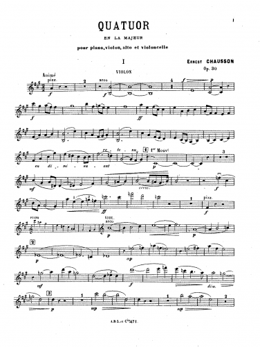 Chausson - Piano Quartet, Op. 30 - Scores and Parts - Score