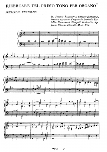 Bertoldo - Ricercare del Primo Tono per Organo - Score