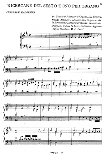 Padovano - Ricercare del Sesto Tono per Organo - Score