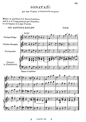 Bassani - Sonata 6 per due Violini e Violoncello se piace - Score